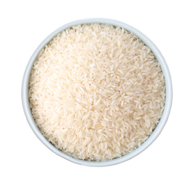 Photo of Uncooked rice in bowl isolated on white, top view