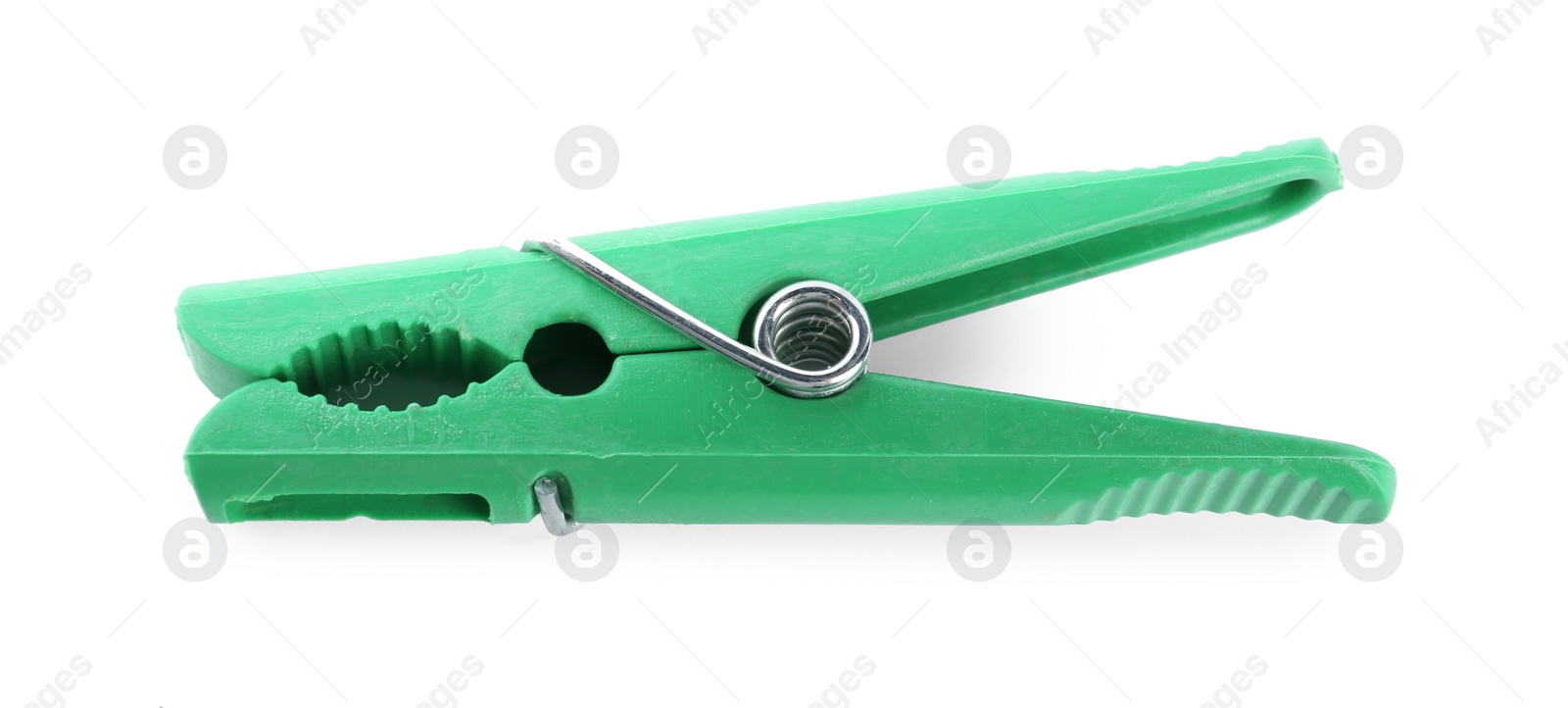 Photo of Bright green plastic clothespin isolated on white