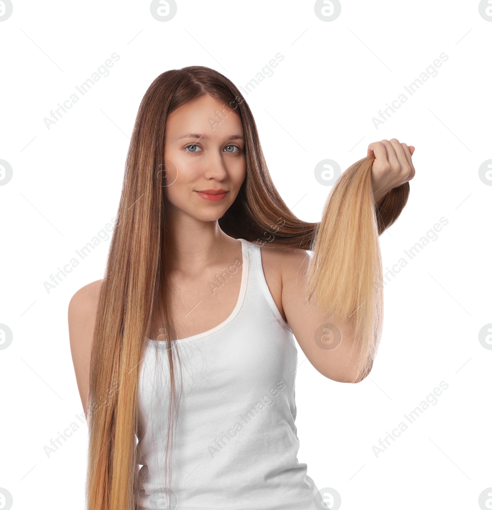 Photo of Teenage girl with strong healthy hair on white background