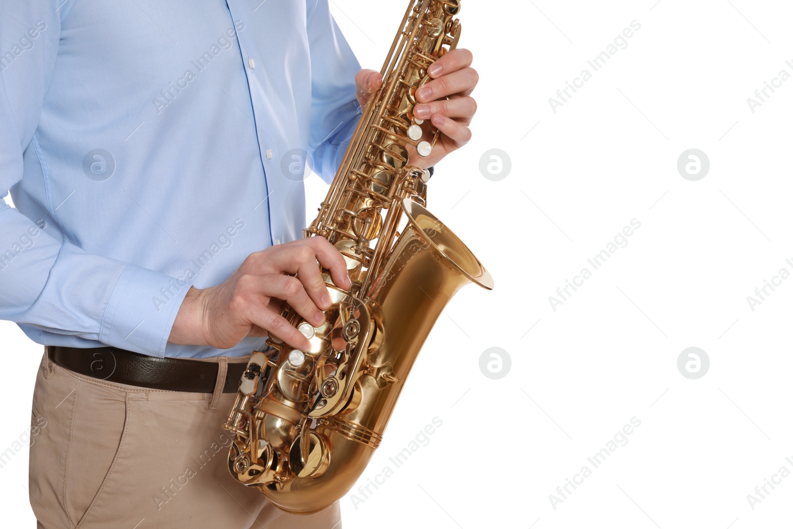 Photo of Man with saxophone on white background, closeup