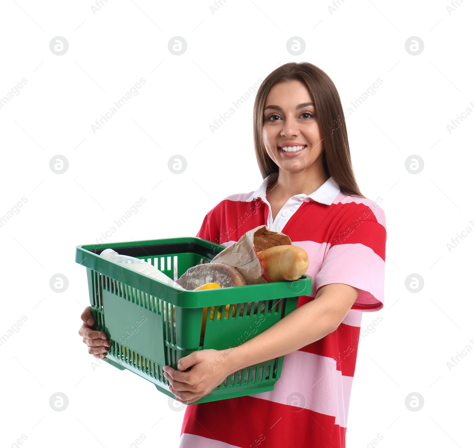 Photo of Young woman with shopping basket isolated on white