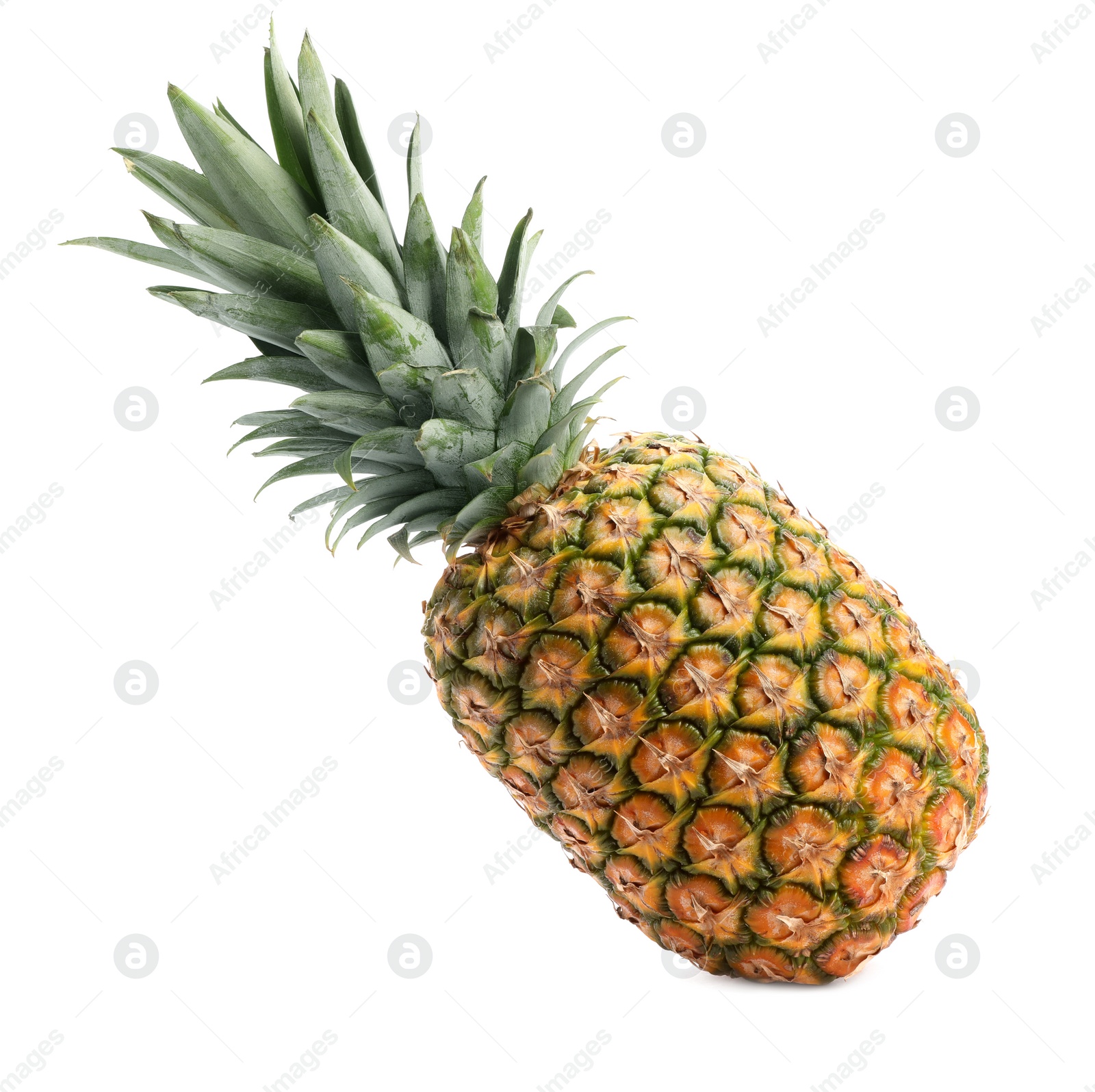 Photo of Tasty whole pineapple with leaves on white background