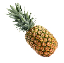 Photo of Tasty whole pineapple with leaves on white background