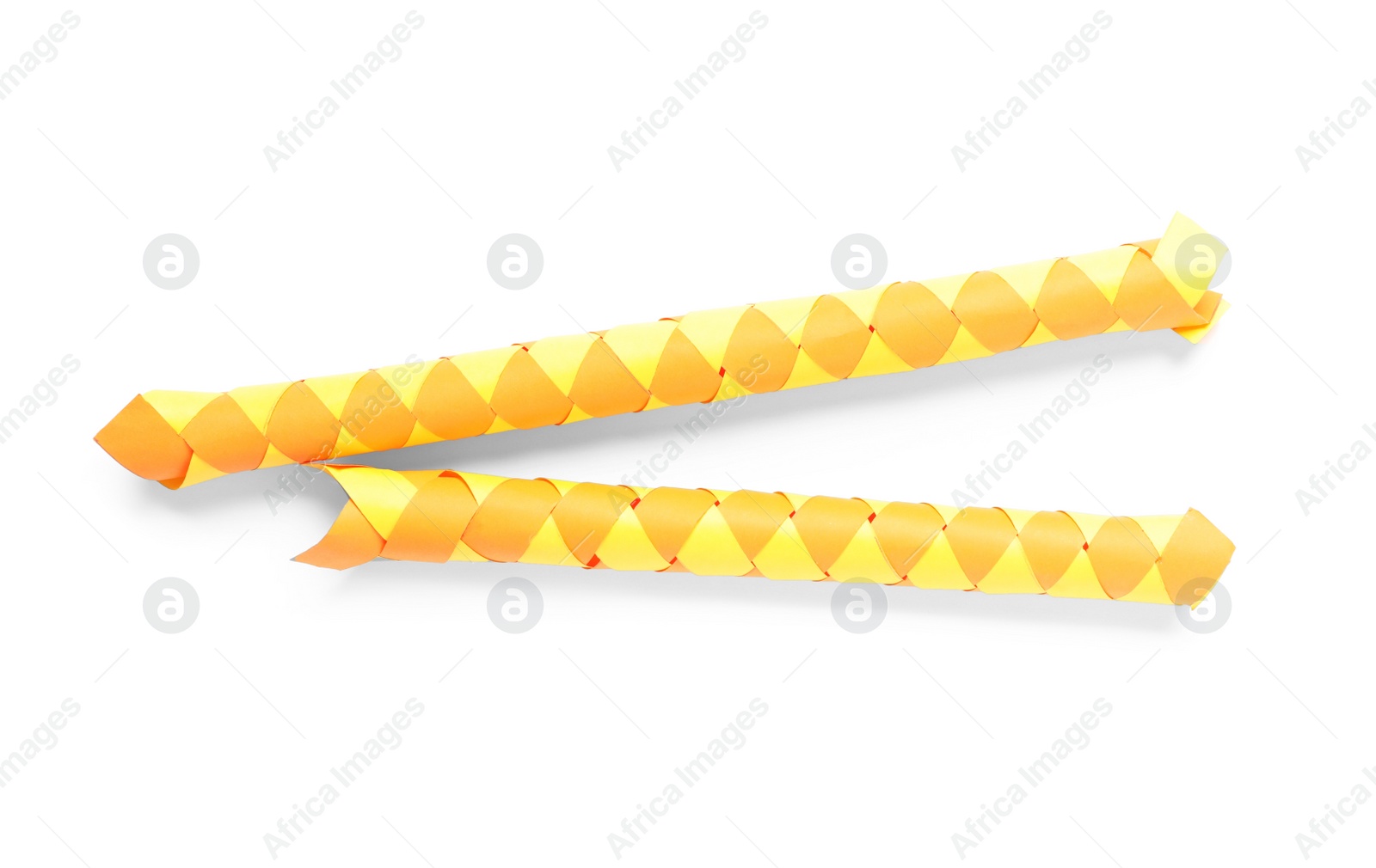 Photo of Chinese finger traps isolated on white, top view