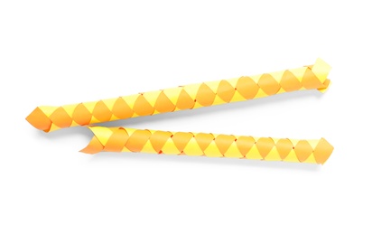Photo of Chinese finger traps isolated on white, top view