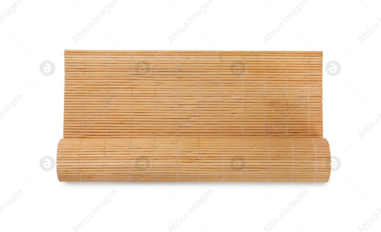 Photo of Rolled bamboo mat isolated on white, top view