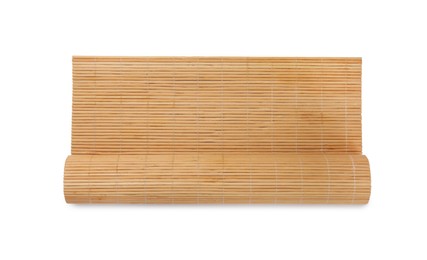 Photo of Rolled bamboo mat isolated on white, top view