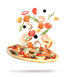 Image of Delicious pizza with flying ingredients on white background 