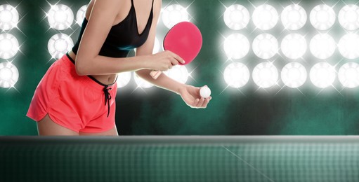 Image of Young woman playing ping pong, space for text. Banner design