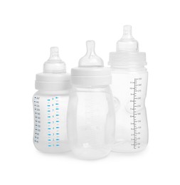 Photo of Three empty feeding bottles for baby milk on white background