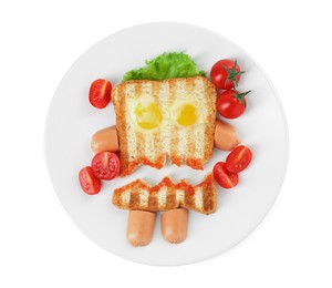 Cute monster sandwich with cherry tomatoes, fried eggs and sausages on plate isolated on white, top view. Halloween snack