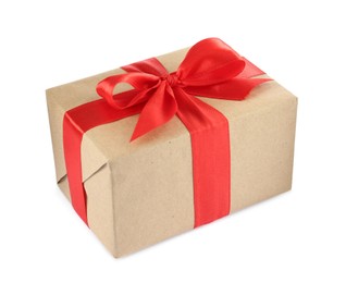 Photo of Beautiful gift box with red bow isolated on white