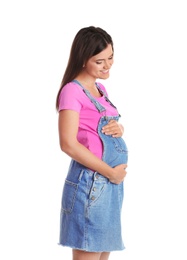 Happy pregnant woman posing on white background