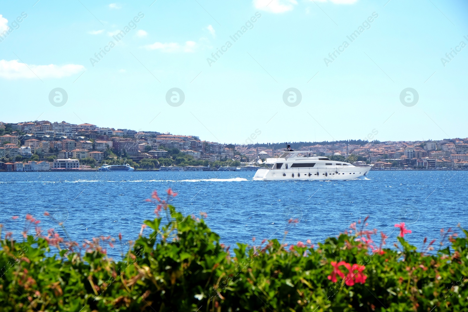 Photo of Beautiful view of sea, boat and blue sky on sunny day