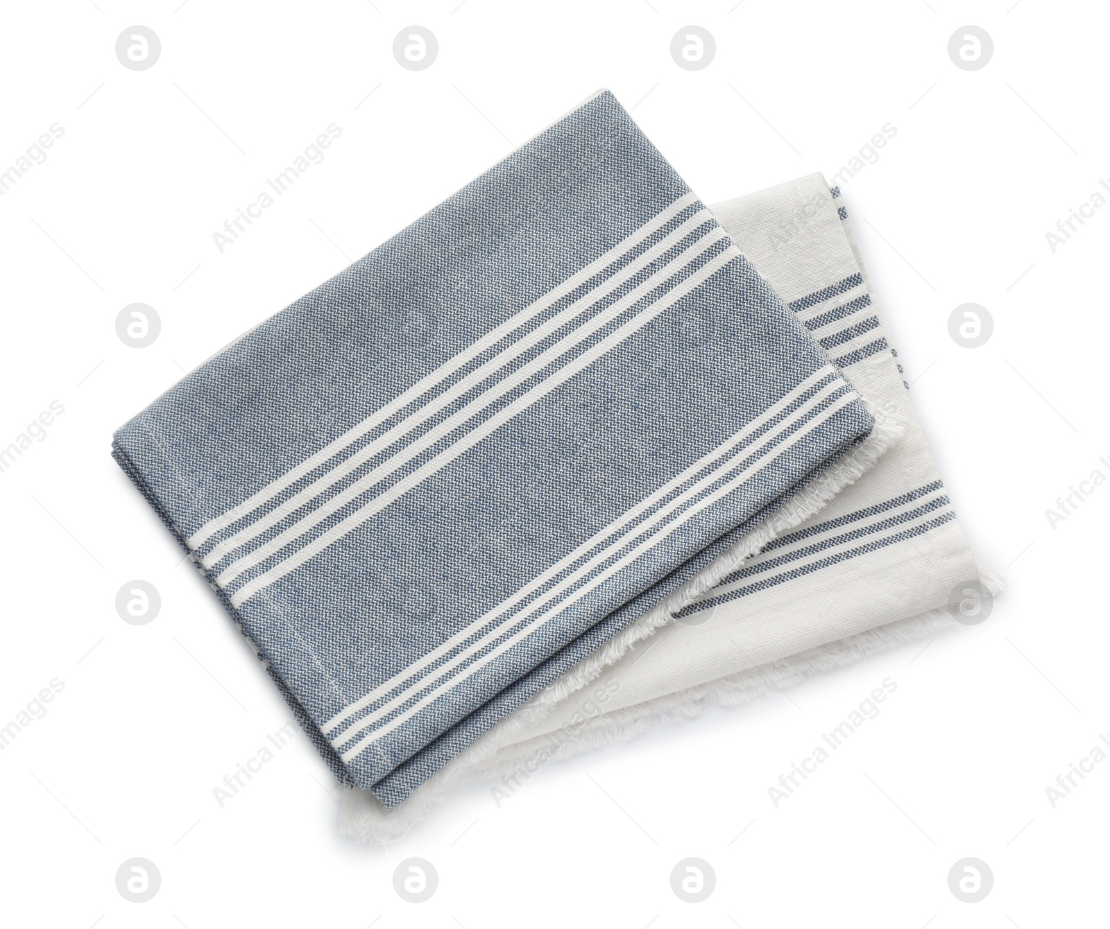 Photo of Two striped kitchen towels isolated on white, top view