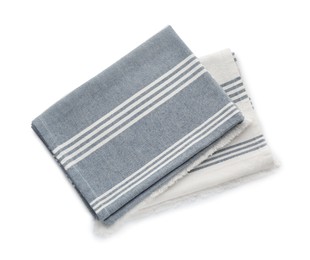 Photo of Two striped kitchen towels isolated on white, top view