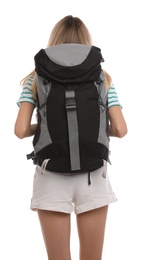 Photo of Woman with backpack on white background, back view. Summer travel