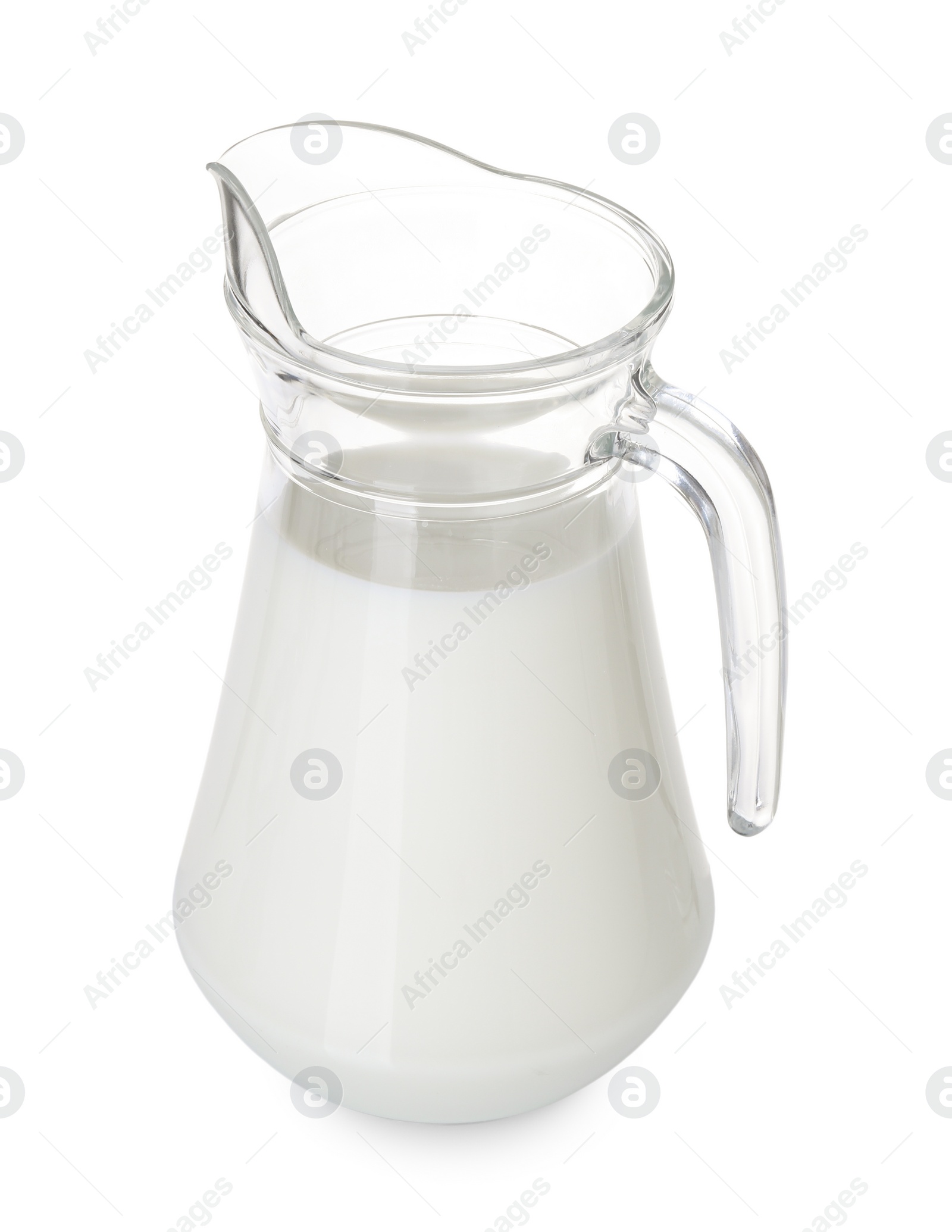 Photo of Glass jug of fresh milk isolated on white