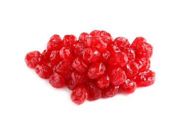 Photo of Tasty cherries on white background. Dried fruits as healthy food