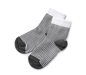 Photo of Cute child socks on white background, top view