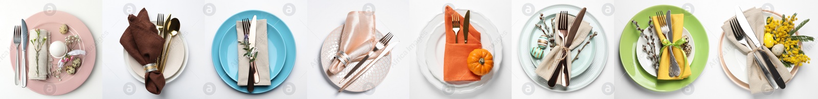 Image of Set with examples of different beautiful table settings on white background, top view. Banner design