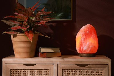 Himalayan salt lamp, books and houseplants on wooden console table indoors