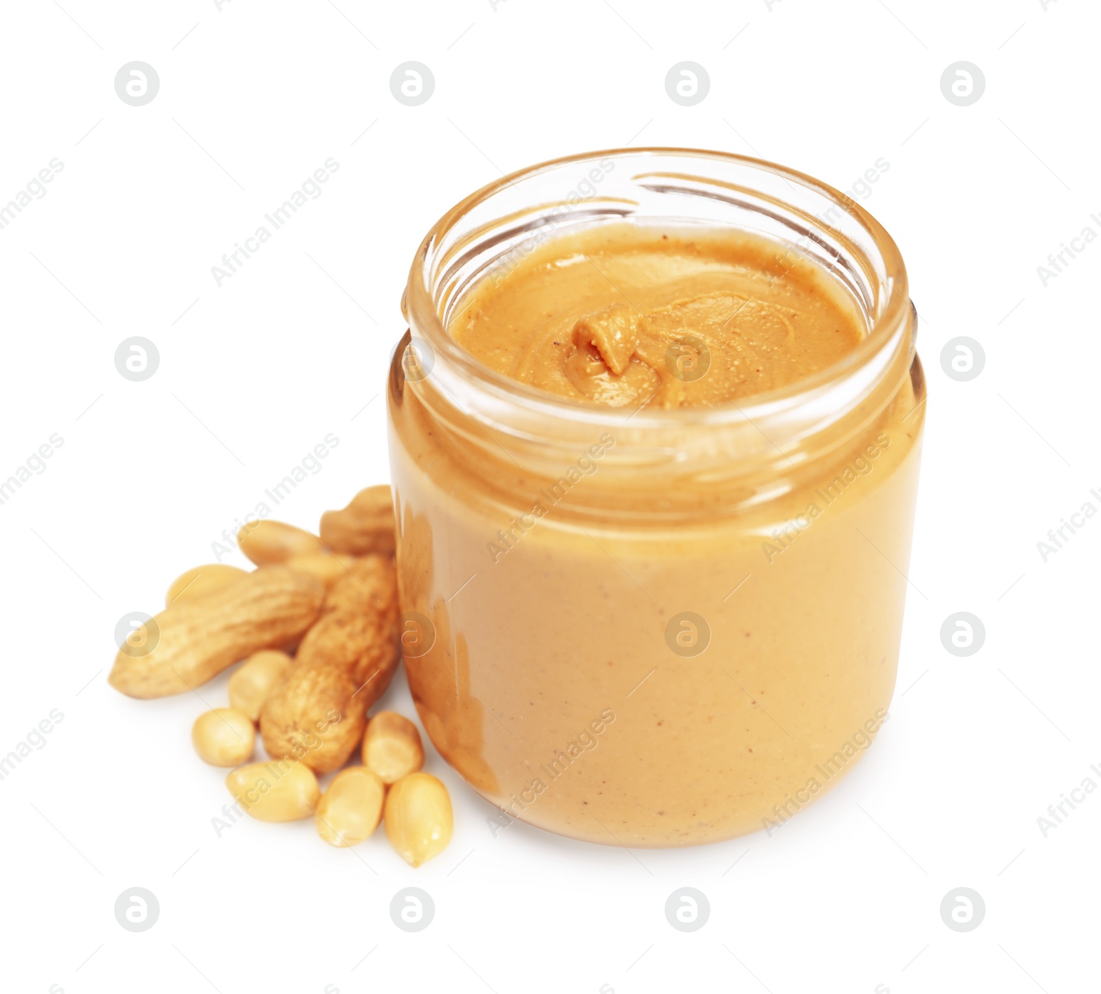 Photo of Tasty nut paste in jar and peanuts isolated on white