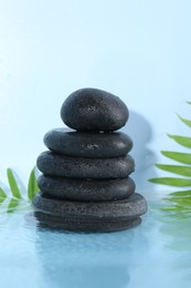 Photo of Spa stones and palm leaves in water on light blue background