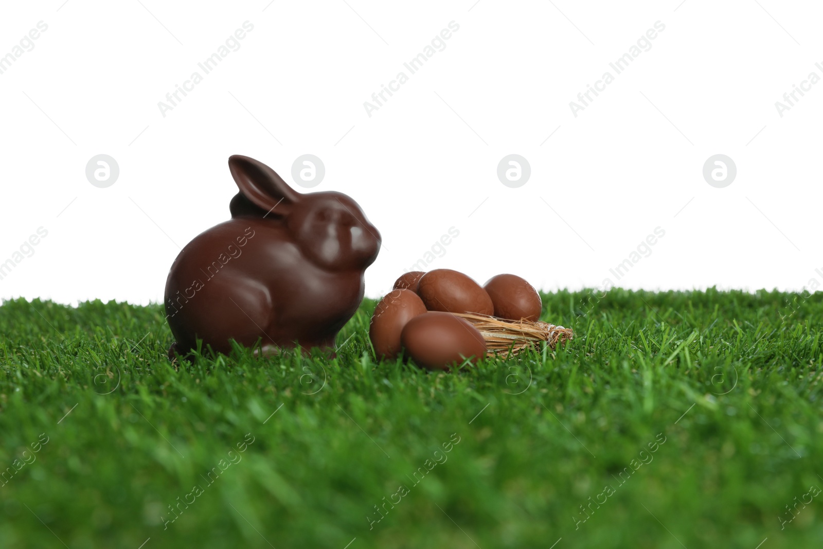 Photo of Chocolate bunny and eggs on green grass against white background, space for text. Easter celebration