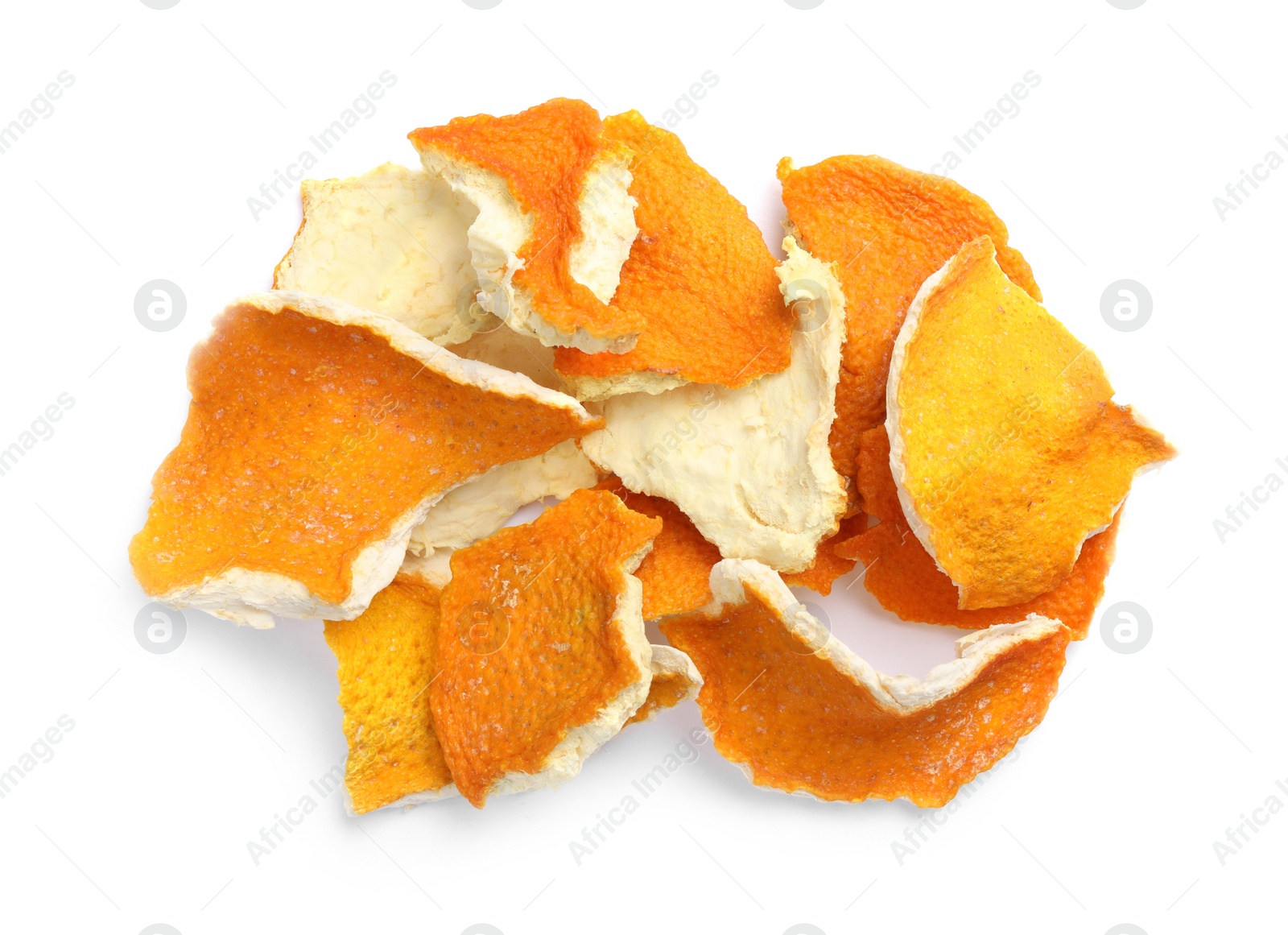 Photo of Pile of dry orange peels on white background, top view