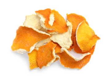 Photo of Pile of dry orange peels on white background, top view