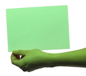 Man holding sheet of paper on white background, closeup and space for text. Color tone effect