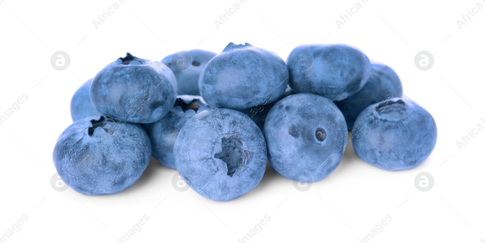 Photo of Pile of tasty fresh ripe blueberries on white background