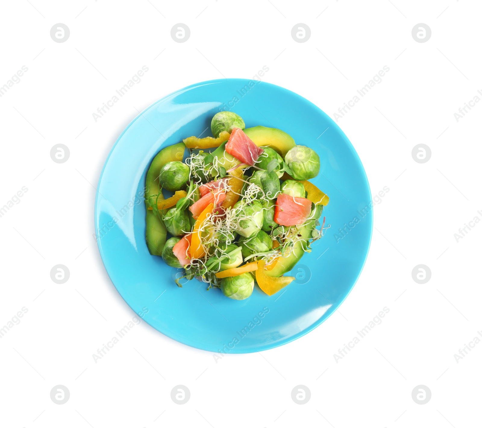 Photo of Tasty fresh salad with Brussels sprouts isolated on white, top view