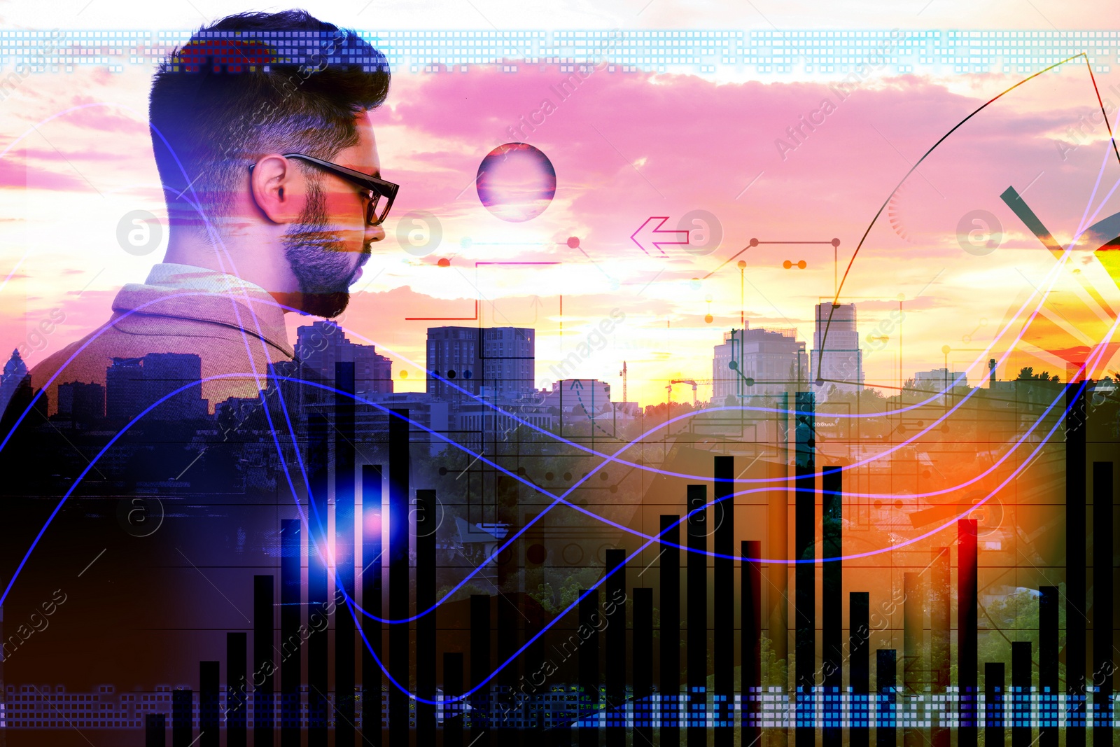 Image of Multiple exposure of businessman, graph and cityscape