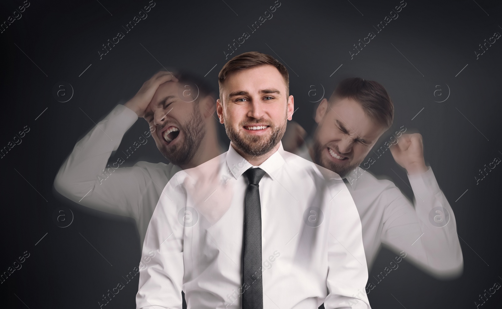 Image of Man with personality disorder on dark background, multiple exposure 