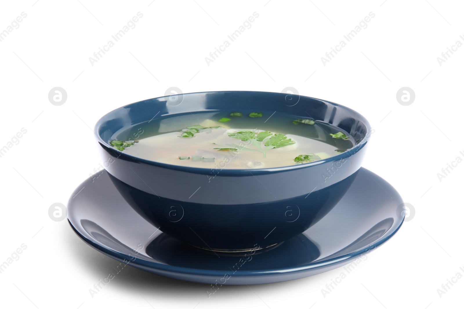 Photo of Delicious fish soup in bowl isolated on white