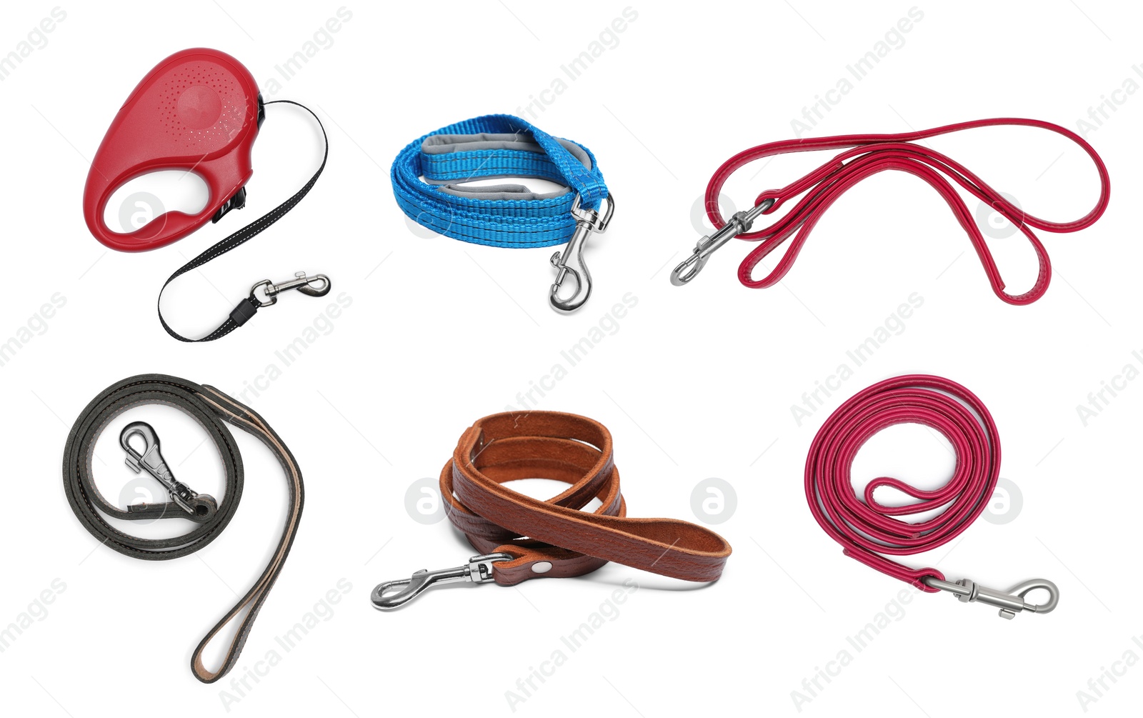 Image of Different pet leashes on white background, collage design