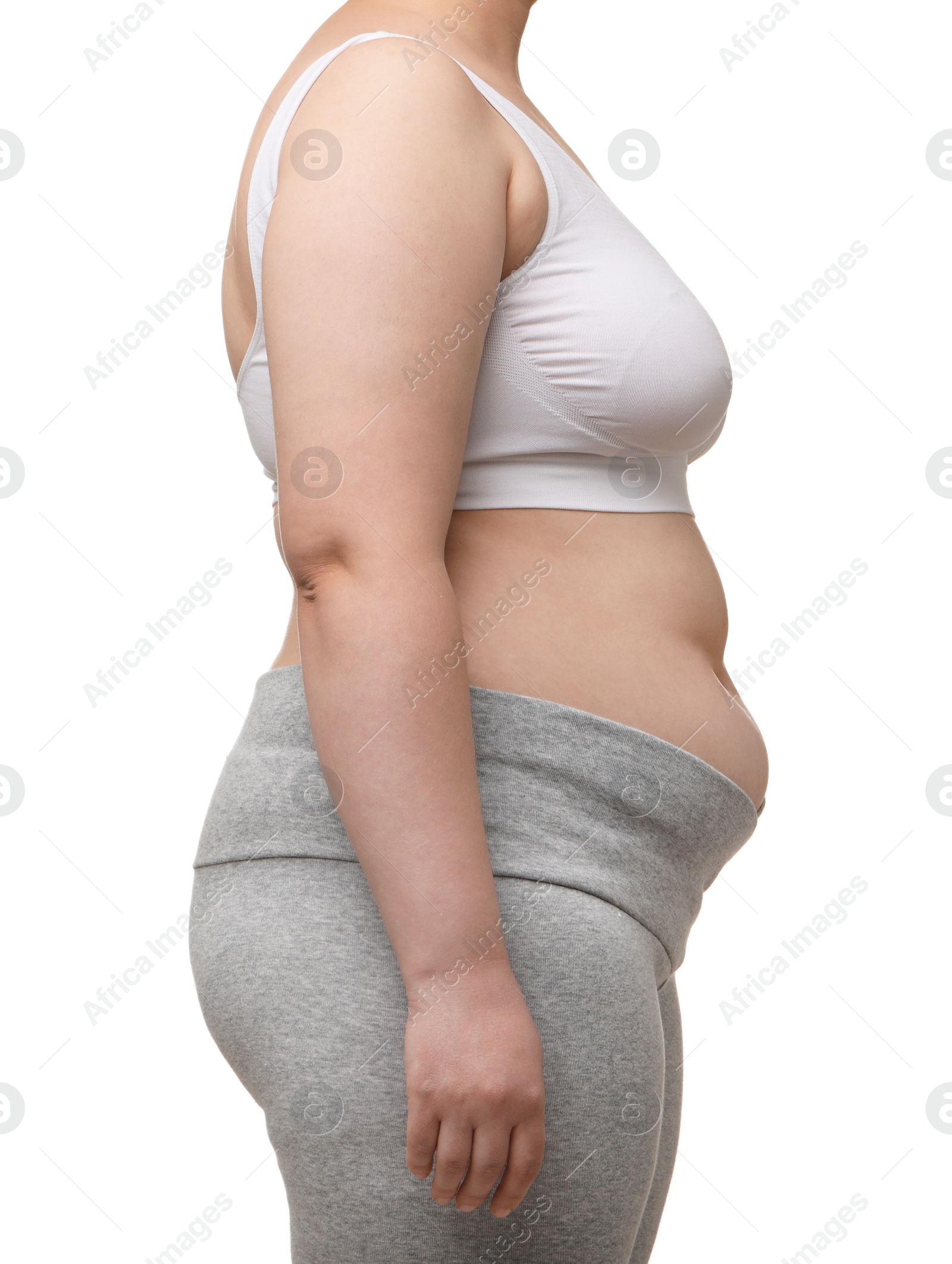 Photo of Overweight woman on white background, closeup view