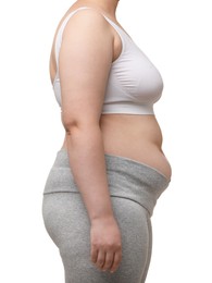 Overweight woman on white background, closeup view