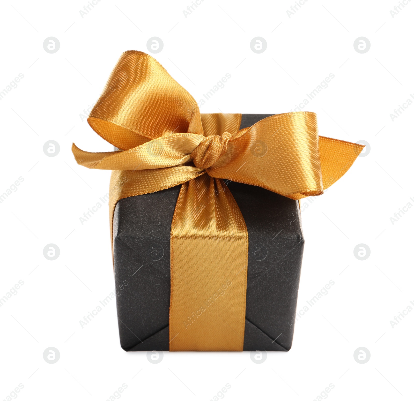 Photo of Beautiful gift box with golden ribbon and bow on white background