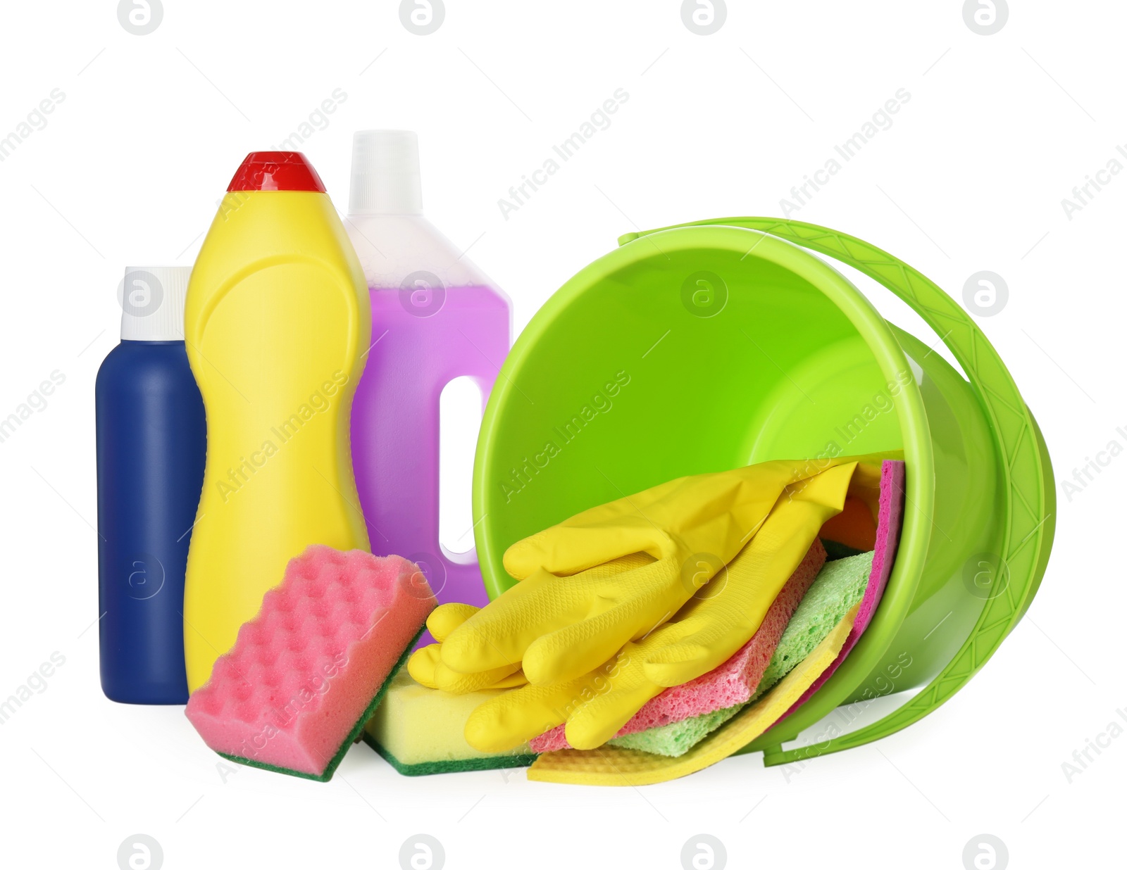 Photo of Set of different cleaning supplies and tools on white background