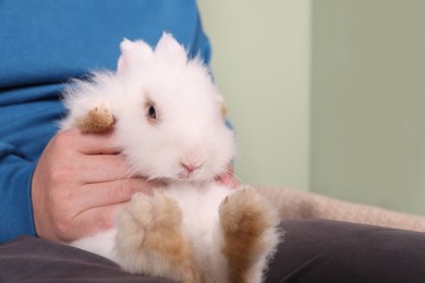 Photo of Man with fluffy white rabbit indoors, closeup and space for text. Cute pet