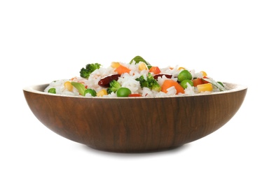 Photo of Bowl with tasty rice and vegetables on white background