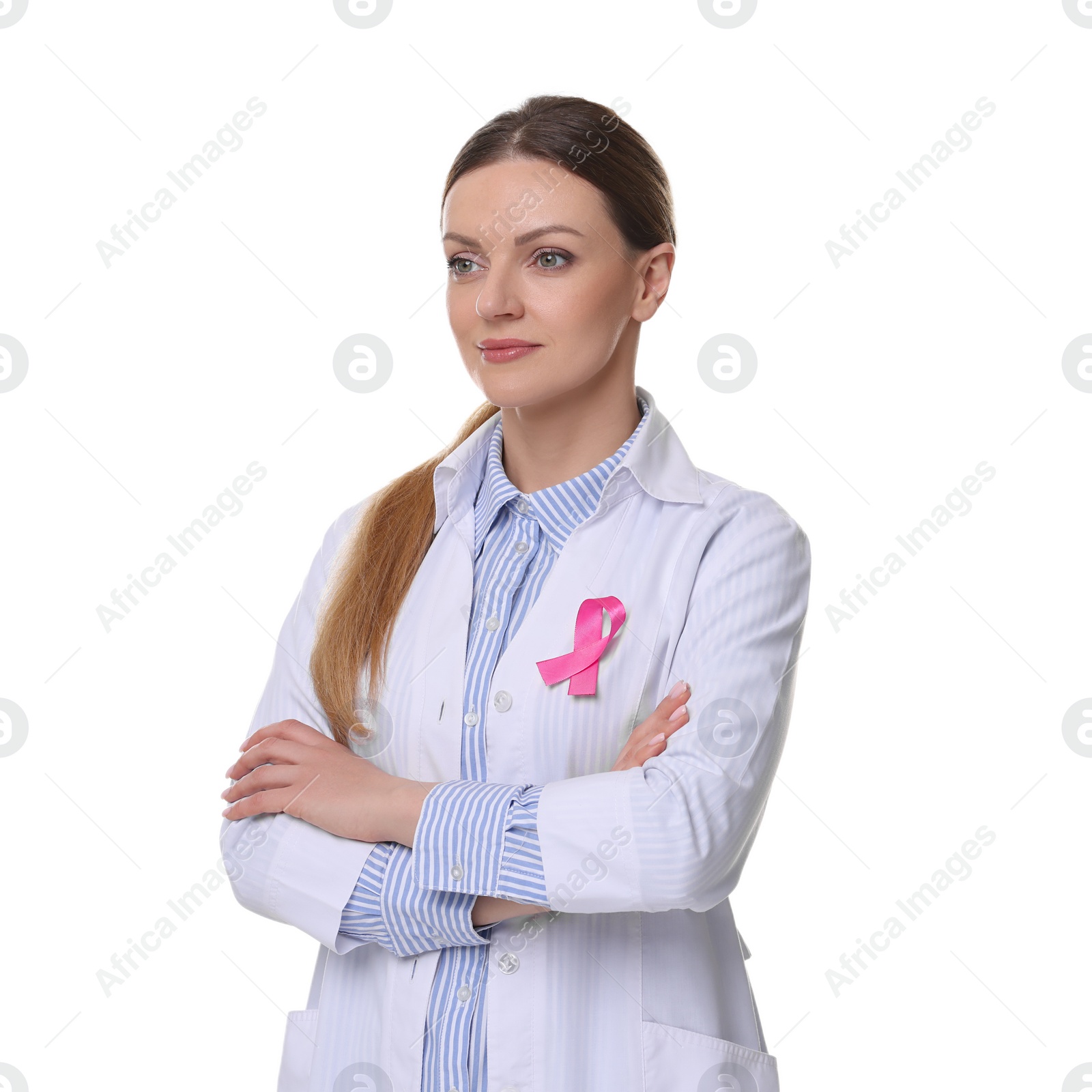 Photo of Mammologist with pink ribbon on white background. Breast cancer awareness