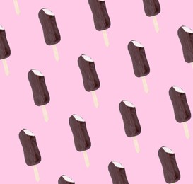 Image of Pattern with chocolate-glazed ice cream on pastel pink background