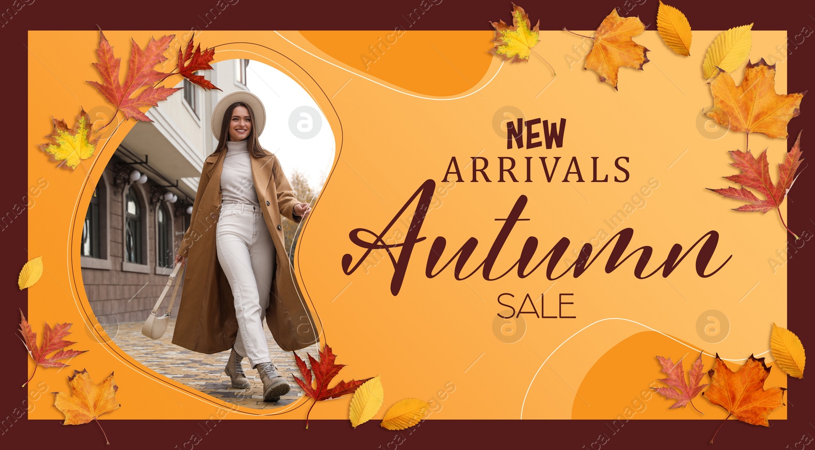 Image of New arrivals. Flyer design with beautiful woman in stylish coat, dry leaves and text Autumn Sale on orange background