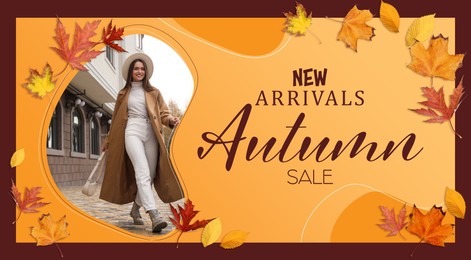 Image of New arrivals. Flyer design with beautiful woman in stylish coat, dry leaves and text Autumn Sale on orange background