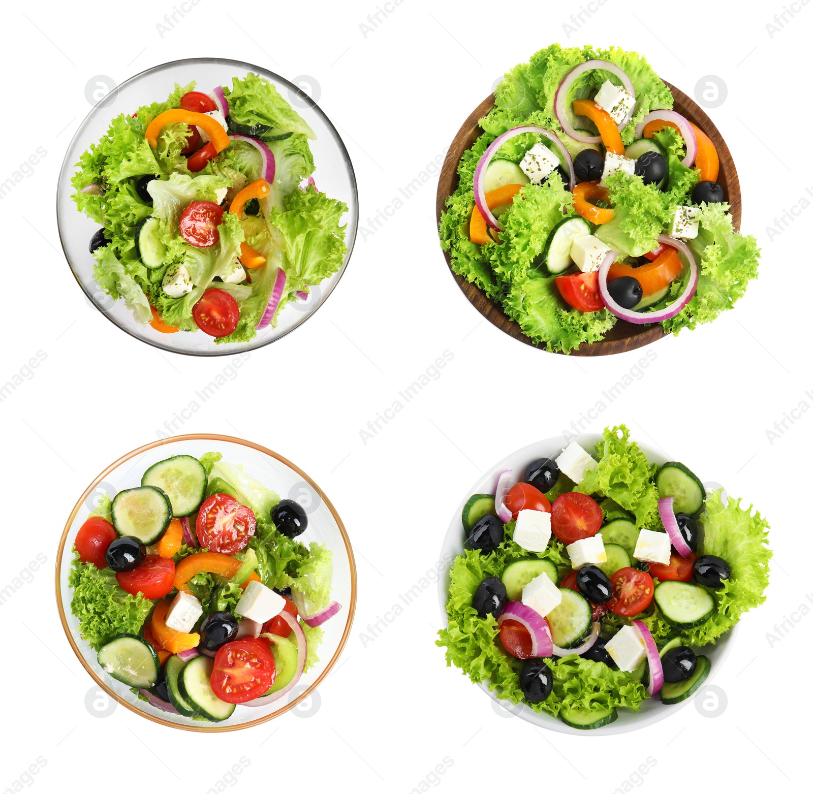 Image of Set with different salads on white background, top view