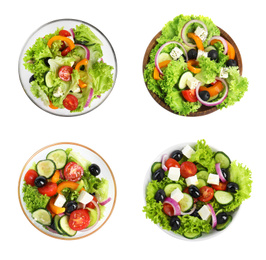 Image of Set with different salads on white background, top view